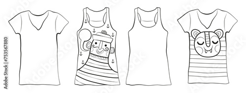 Illustration à colorier sur le thème de la mode, dessine un tee-shirt en suivant ton imagination et ton style vestimentaire, activité ludique avec des vêtements à personnaliser avec un motif, du texte