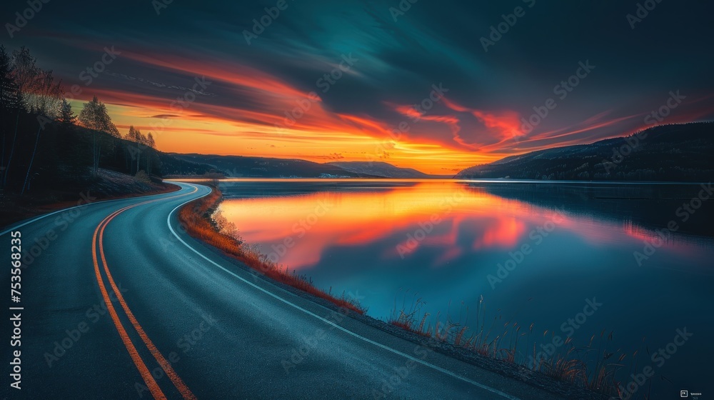 A road with a beautiful sunset in the background