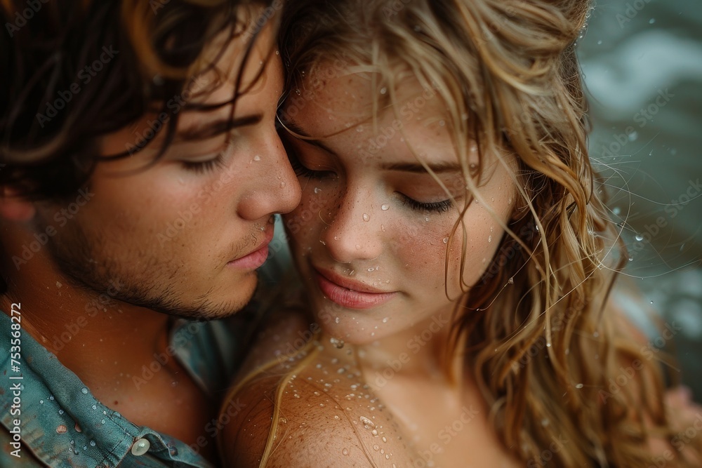 A serene moment as a couple snuggles closely, with water droplets adding to the intimate, calm atmosphere