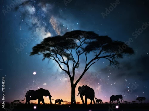 silhouette of a herd of elephants in a dark savanna, beautiful savanna scenery with trees and shooting stars
