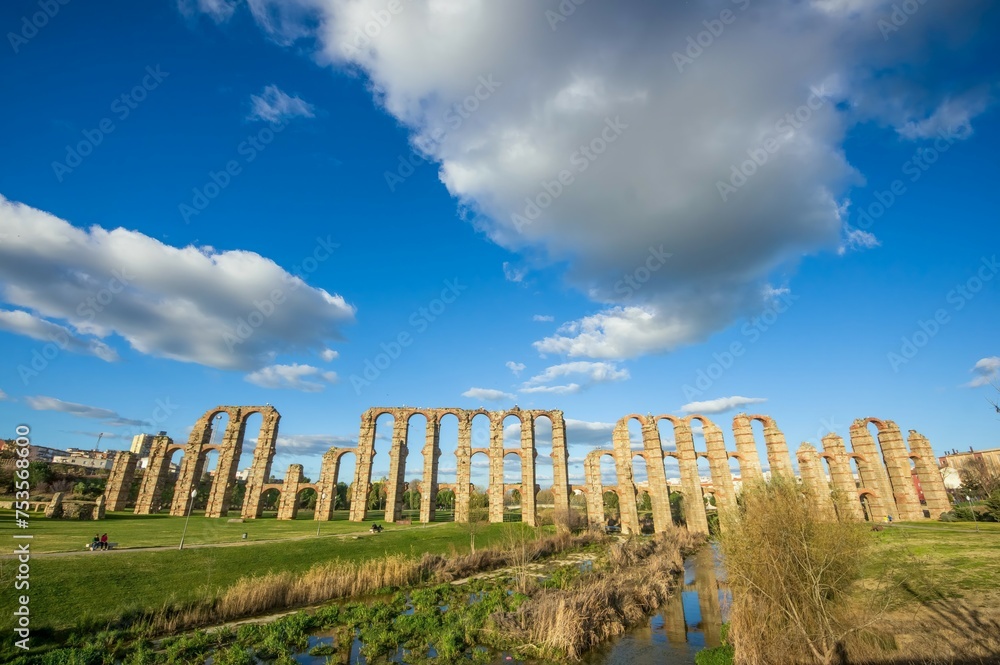 Antique Roman aqueduct ruins in Merida, Spain