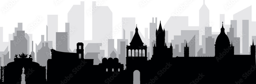 Black cityscape skyline panorama with gray misty city buildings background of PALERMO, ITALY
