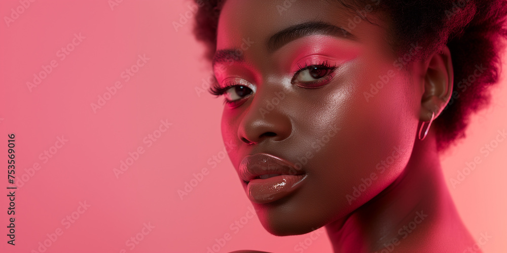 Obraz premium a banner with a dark-skinned beautiful woman with pink and brown makeup on a pink background, a monochrome palette, a concept of light chic, advertising decorative cosmetics, fashion and beauty