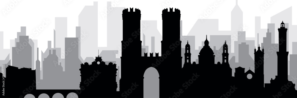 Obraz premium Black cityscape skyline panorama with gray misty city buildings background of GENOA (GENOVA), ITALY