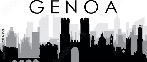 Black cityscape skyline panorama with gray misty city buildings background of GENOA (GENOVA), ITALY