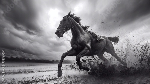 Black and white horse galloping on sandy beach in stormy weather