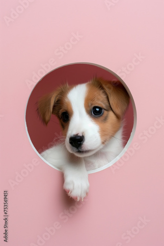 Most Cute puppy peeking out of a hole. Pink background surface wall texture. The most adorable pet ever. Baby pet. Card design style with copy space. Pet shop. A hole in the wall with the pet peeking