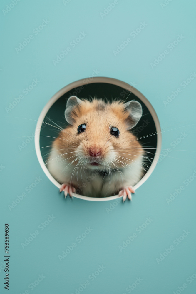 Cute hamster peeking out of a hole. Cyan background surface wall texture. The most adorable pet ever. Baby pet. Card design style with copy space. Pet shop. A hole in the wall with the pet peeking. Cute hamster peeking out of a hole. Cyan background surface wall texture. The most adorable pet ever. Baby pet. Card design style with copy space. Pet shop. A hole in the wall with the pet peeking.