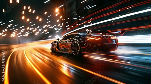 A dynamic shot follows a contemporary sports racing car speeding along a track illuminated by bright lights