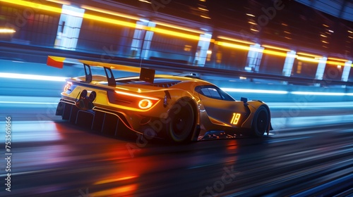A dynamic shot follows a contemporary sports racing car speeding along a track illuminated by bright lights