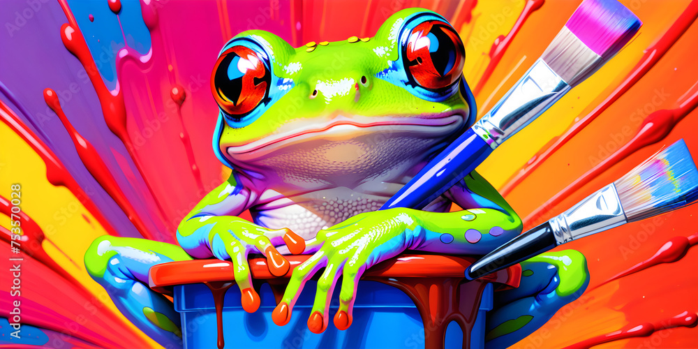 Tree frog holding onto a paintbrush on a colorful paint background
