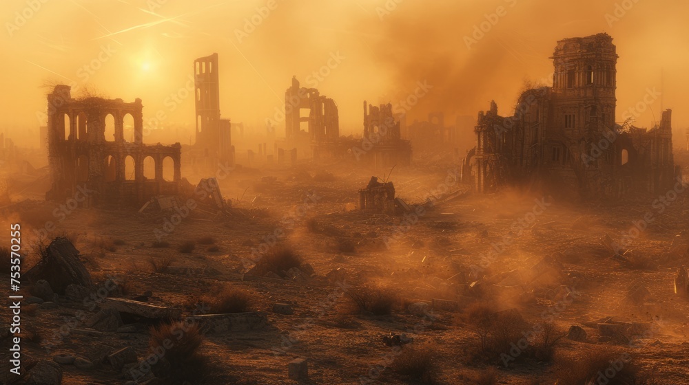 Fototapeta premium Ruined City at Dusk, Post-Apocalyptic Scene