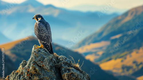A regal peregrine falcon perched on a rugged mountain peak, surveying the vast landscape below.