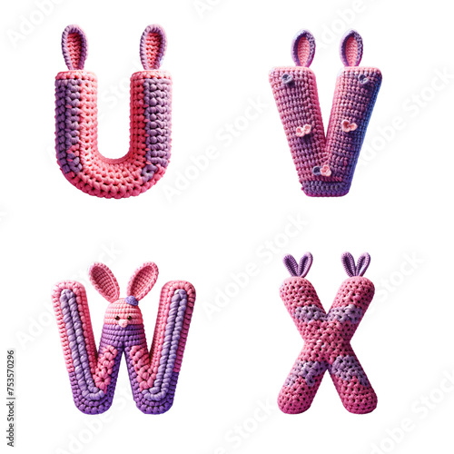Whimsical Knitted Alphabet Letters with Bunny Ears: U, V, W, X with transparent background © TechnoMango