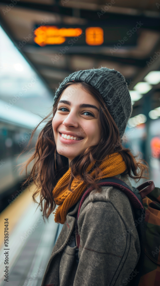 Smiling woman at train station, joyful traveler, urban commute concept. Smiling woman at train station, joyful traveler, urban commute concept.