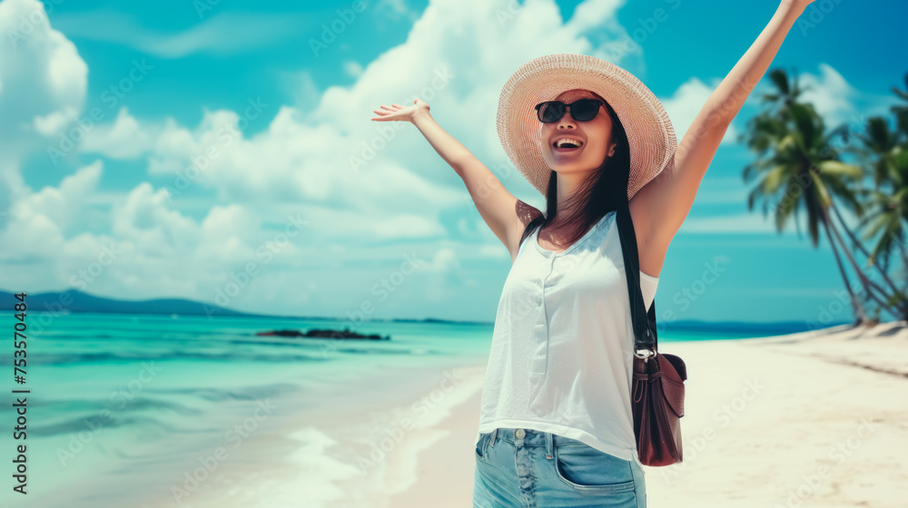 Joyful woman enjoying summer getaway on tropical beach, clear skies, freedom. Joyful woman enjoying summer getaway on tropical beach, clear skies, freedom.