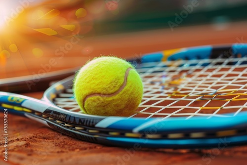 Close-up of Tennis Ball on Racket on Clay Court: A Perfect Shot for Sports and Active Lifestyle Themes