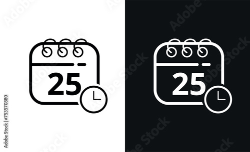 Simple flat calendar icons with specific day marked, hollow calendar icon on black background and white background, day 25.