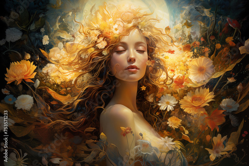 A goddess of beauty surrounded by flowers  a woman blessed by nature Eine G  ttin der Sch  nheit  umgeben von Blumen  eine von der Natur gesegnete Frau                                                                      