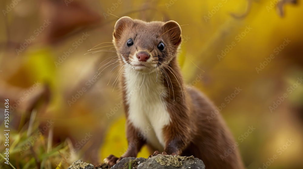 Curious brown weasel peering out of green foliage. Curious brown weasel peering out of green foliage.