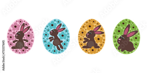 Set of Easter eggs with chocolate bunny.Vector illustration.