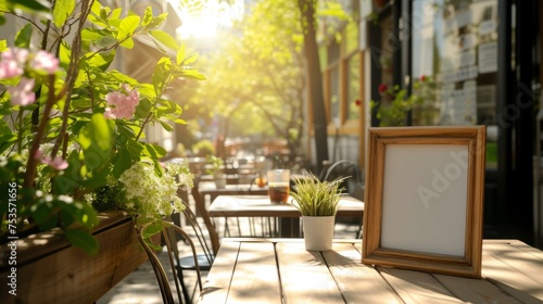 Warm sunlight bathes a cozy sidewalk cafe  highlighting an empty menu frame ready for customization.
