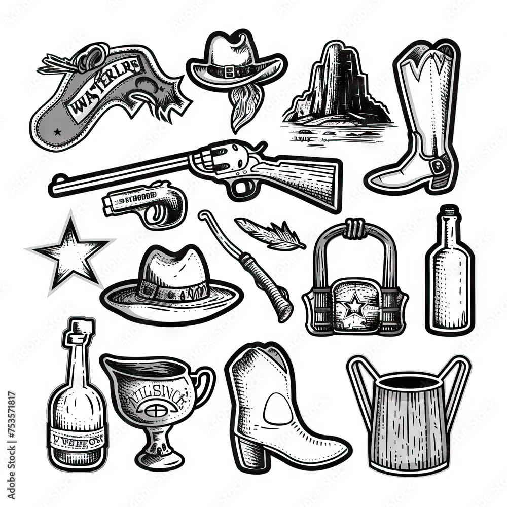 Obraz premium Wild West Wonders - Cowboy Collection. Sticker Collection. Multiple. Vector Icon Illustration. Icon Concept Isolated Premium Vector. Line Art. Black Outline. White Background.