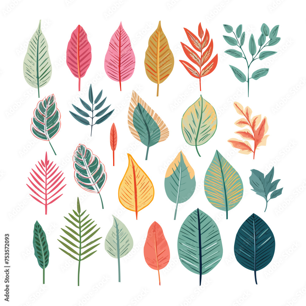 A collection of colorful leaves in various shades of green and red. Vector illustration