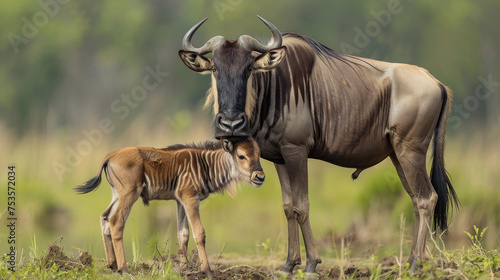 A wildebeest calf bonding with its mother.