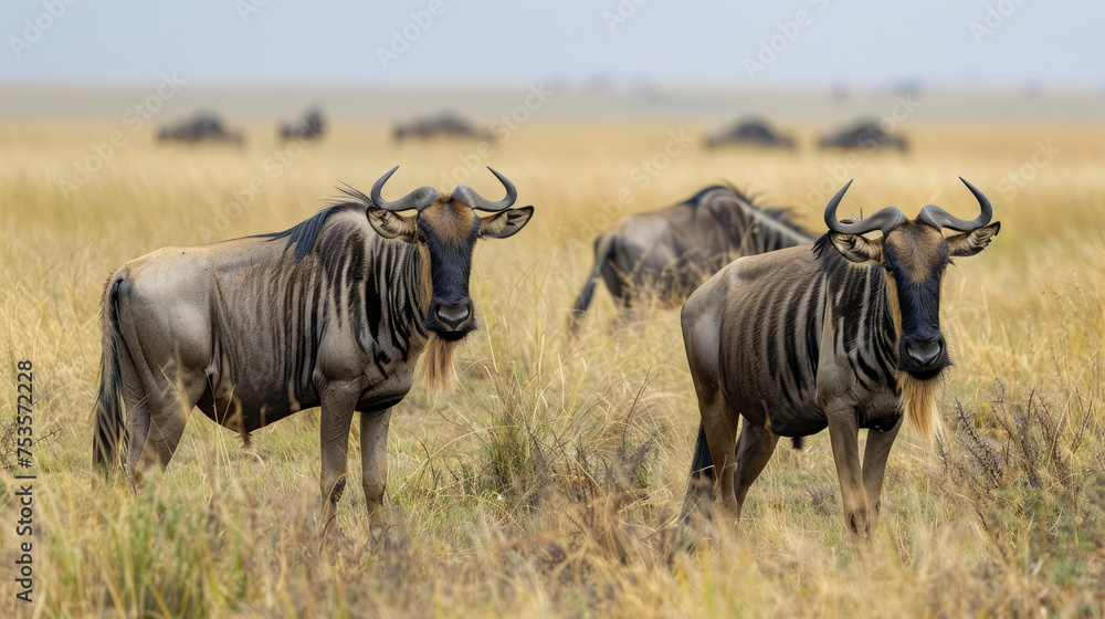 Herd of wildebeests standing in the savannah. Herd of wildebeests standing in the savannah.