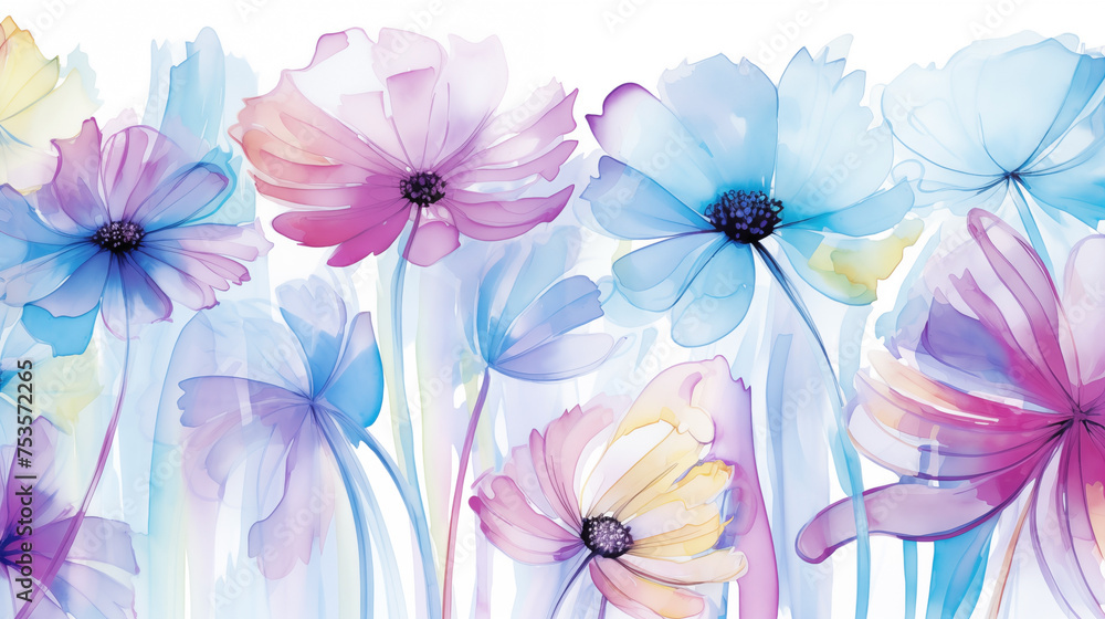 Obraz premium Watercolor background of translucent flowers in soft pastel blues and pinks