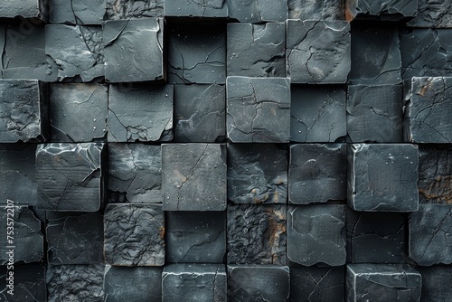 A detailed image of an irregular black stone wall with various sizes of blocks that create a unique textured surface and pattern photo