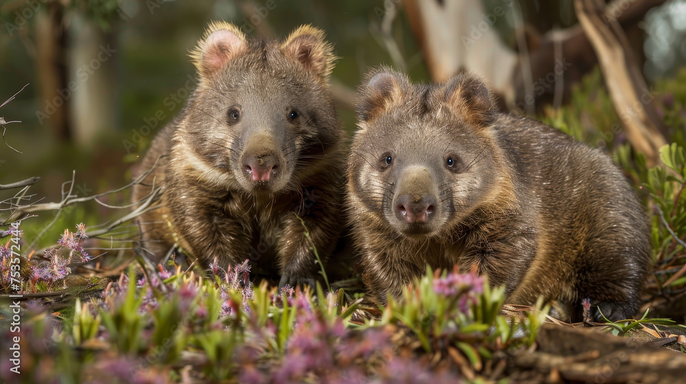 Fototapeta premium Two wombats nestled amongst purple flowers in the wild.