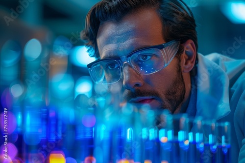 A male scientist wearing protective eyewear is studying colorful test tubes in a neon-lit laboratory photo