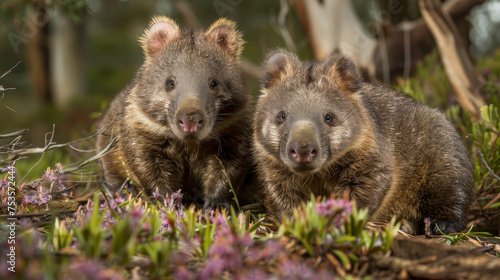 Two wombats nestled amongst purple flowers in the wild.