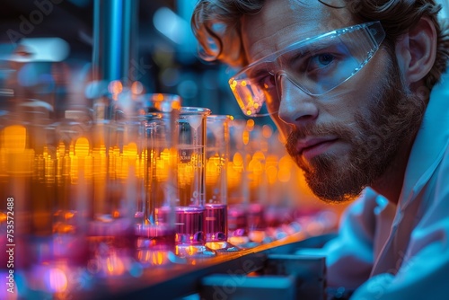 A thoughtful male scientist examining test tubes with colorful liquids in a warmly lit lab environment photo