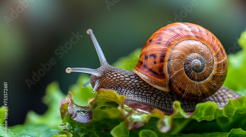 Snail crawling on the green leaf of a salad in a garden © Nut Cdev
