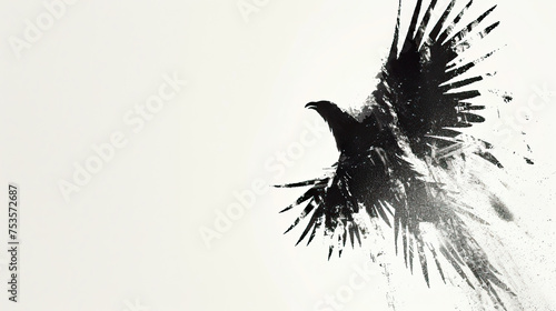 silhouette of a flying black raven drawn with paints on a light background, business card, copy space