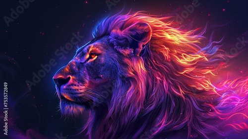 A lion with the mesmerizing glow of neon lights  exuding regal majesty amidst a futuristic backdrop of vibrant colors.