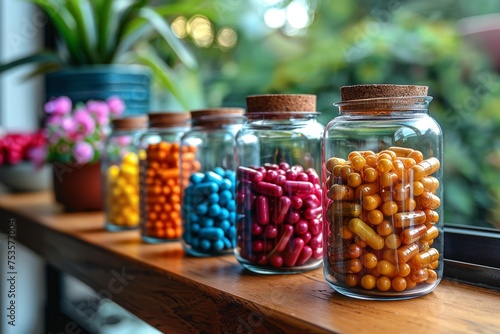Jars filled with various colorful capsules on a windowsill, suggesting health and lifestyle choices
