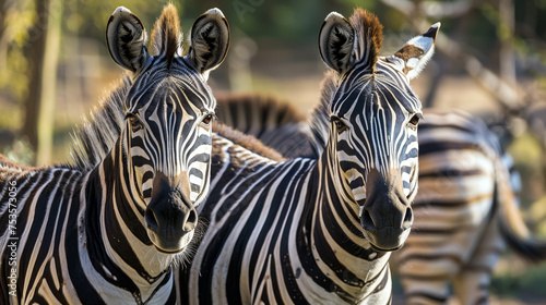 A close-up of two zebras looking at the camera.