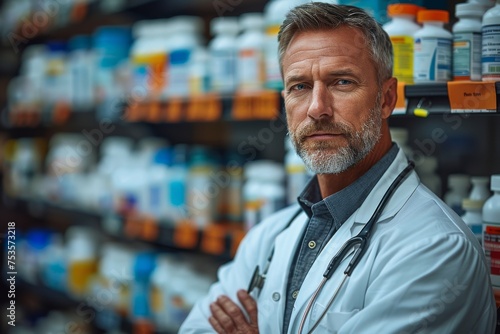 A mature male pharmacist is standing confidently with folded arms in front of a pharmacy shelf photo