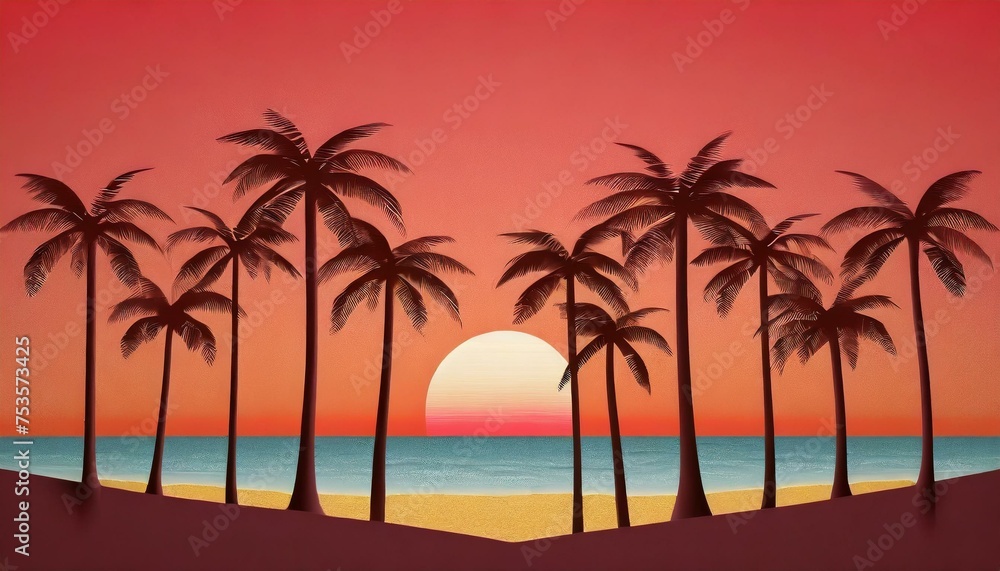 Palm trees on the beach during sunset, paper cut art.