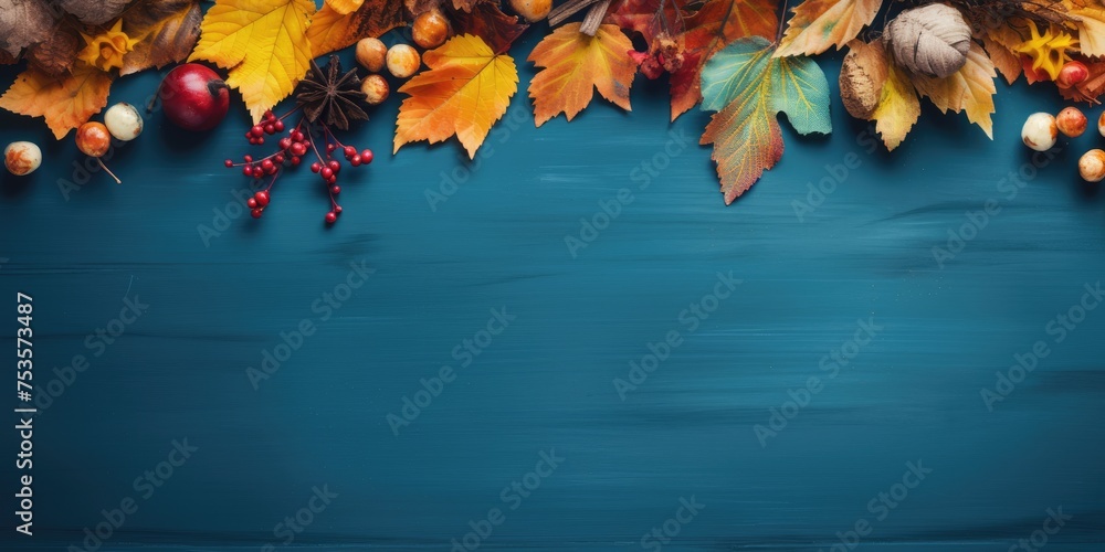 Autumn approaching, fall colors on blue table, top view border.