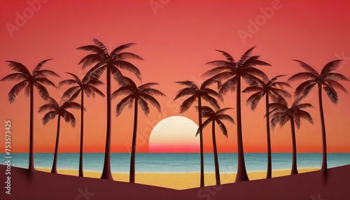 Palm trees on the beach during sunset, paper cut art. © saurav005