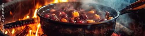 A pot of mulled wine on an open flame with steam and spices rising up the fire casting a warm inviting glow on the pot Cinematic Style