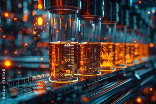 A visually captivating depiction of laboratory flasks with glowing, golden liquids, representing scientific research and innovation