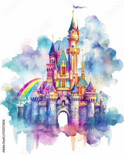 A fairy tale castle surrounded by clouds and a rainbow rendered in Cute Watercolor Style on isolated white background © Shutter2U