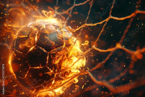 Fiery soccer ball scores net bends light flashes dark background