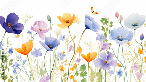 Watercolor background with delicate wildflowers and fluttering butterflies